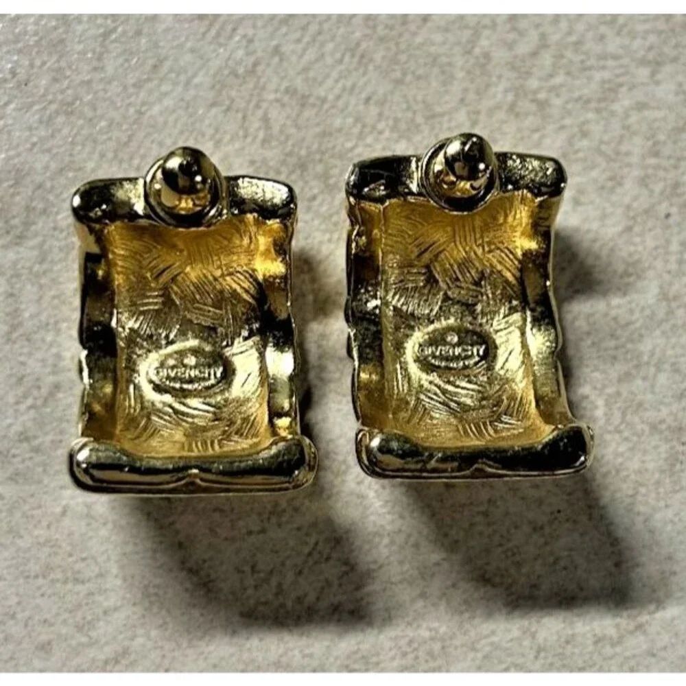 Vintage 1980's Givenchy Gold Tone Geometric Motif Half-Hoop Pierced Earrings